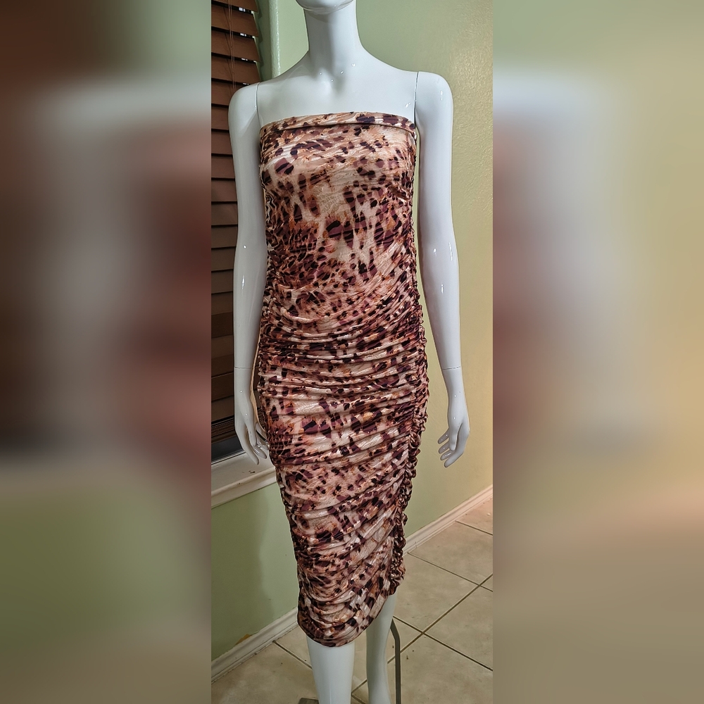 Strapless Ruched Animal Print Midi Dress - Brown